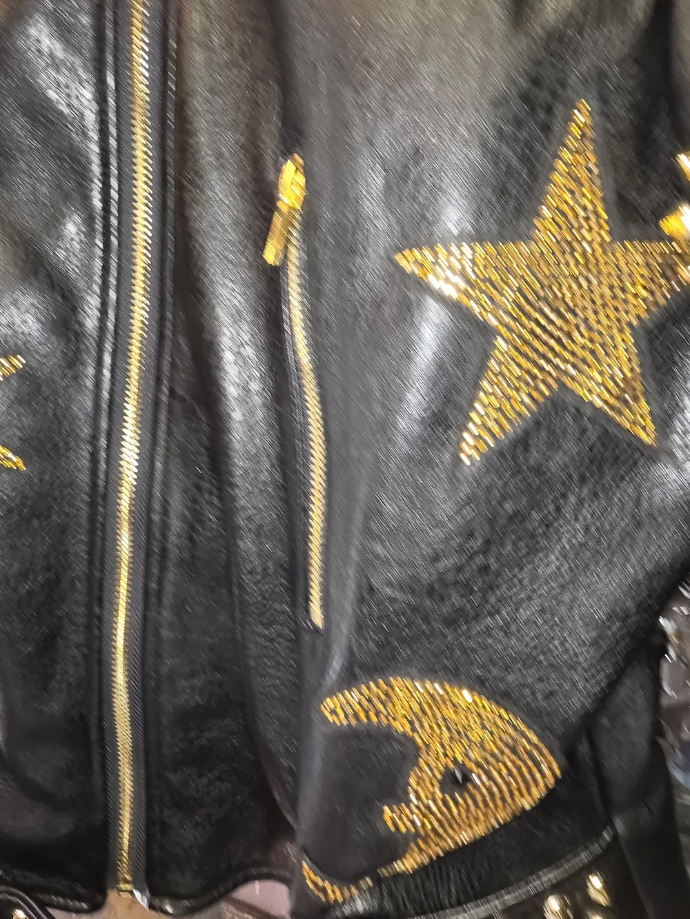 Azalba  Wang Black Leather Studded Biker Jacket with Gold Stars W 1x
